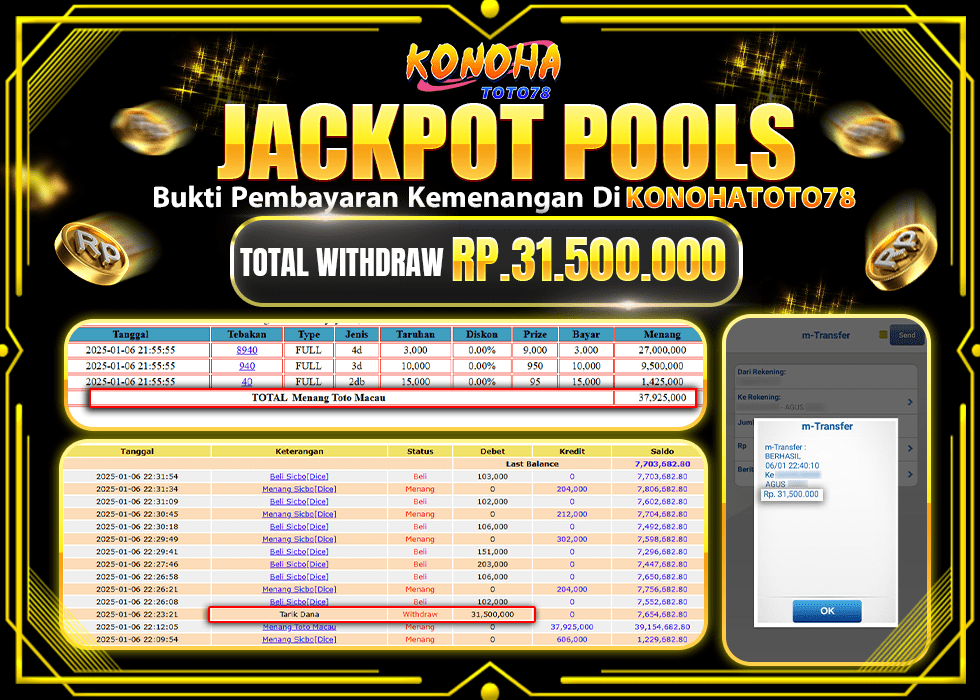 KONOHATOTO78 JACKPOT  POOL TOTO MACAU  Rp.31.500.000.,- LUNAS