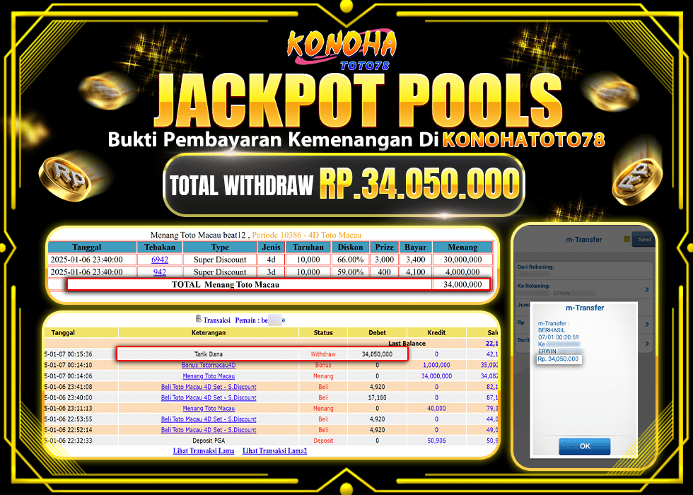 KONOHATOTO78 JACKPOT  POOL TOTO MACAU Rp.34.050.000.,- LUNAS