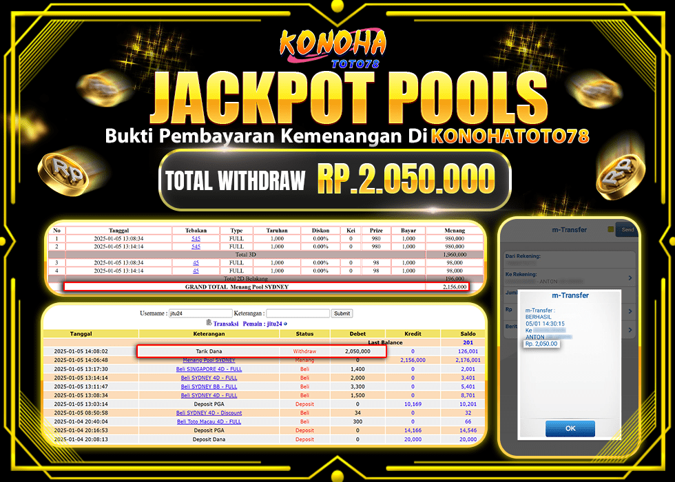 KONOHATOTO78 JACKPOT  TOGEL POOL SYDNEY Rp.2.050.000.,- LUNAS