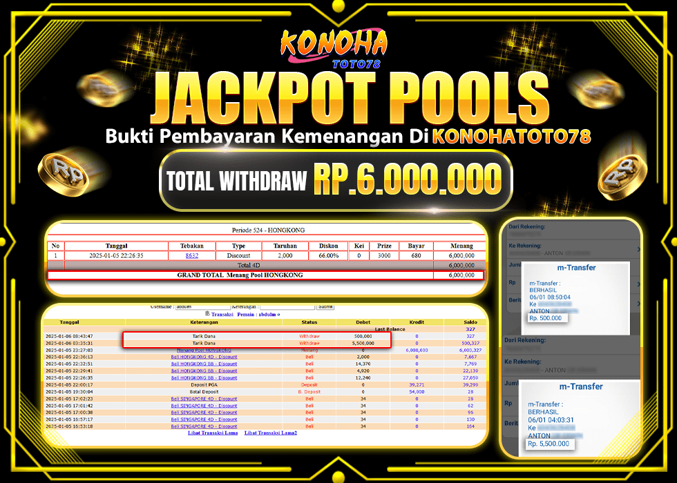 KONOHATOTO78 JACKPOT TOGEL HONGKONG Rp.6.000.000.,- LUNAS