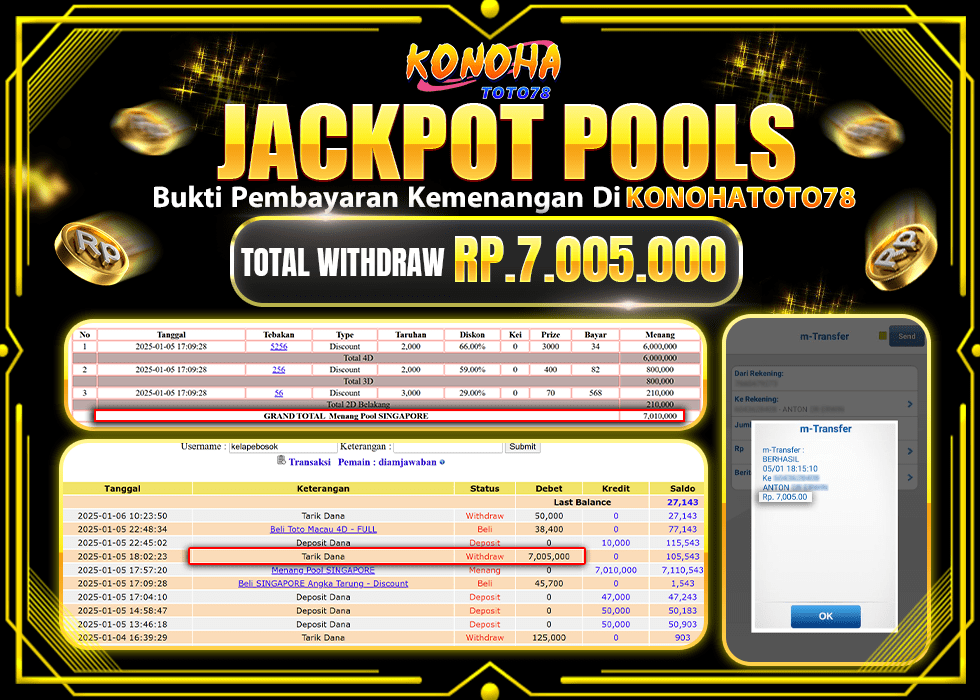 KONOHATOTO78 JACKPOT TOGEL SINGAPORE Rp.7.005.000.,- LUNAS