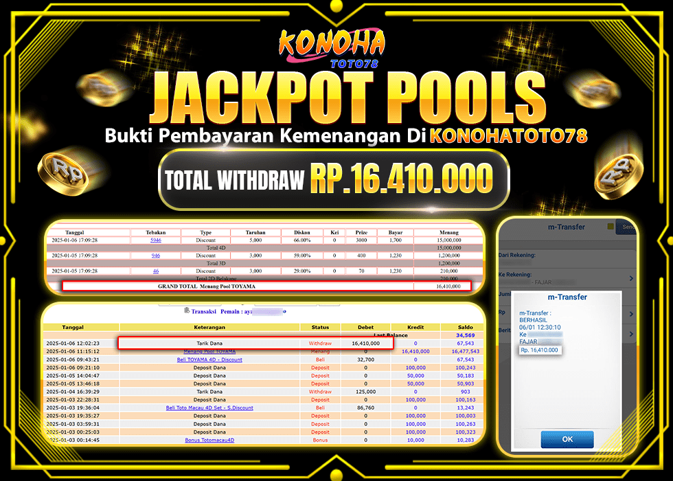 KONOHATOTO78 JACKPOT  TOGEL POOL TOYAMA Rp.16.410.000.,- LUNAS