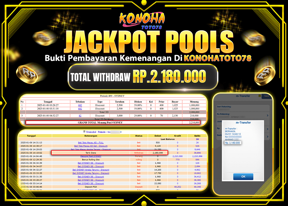 KONOHATOTO78 JACKPOT  TOGEL POOL SIDNEY Rp.2.180.000.,- LUNAS