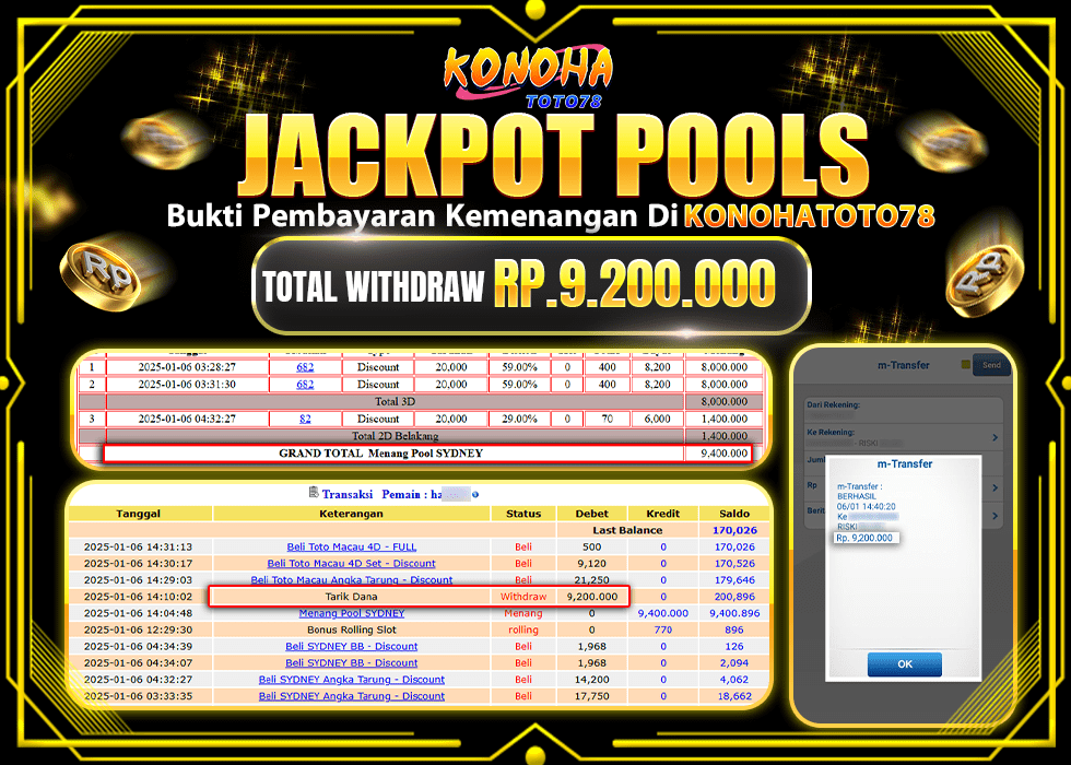 KONOHATOTO78 JACKPOT  TOGEL POOL SIDNEY Rp.9.200.000.,- LUNAS